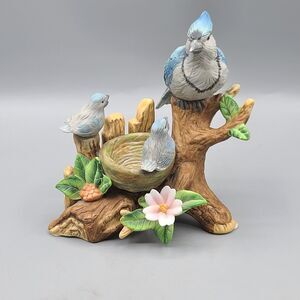 Blue Jay's Ceramic Bird Figurines Mom With Babies On Branch